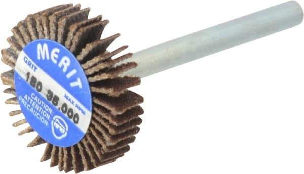 Merit Abrasives - 3/4" Diam x 3/16" Face Width, Very Fine Aluminum Oxide Coated Mounted Flap Wheel - 1/8" Shank Mount, 180 Grit, Cloth Backing, 35,000 Max RPM - Apex Tool & Supply
