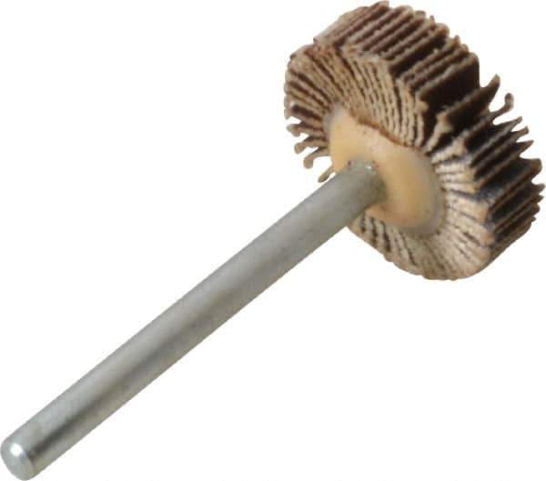 Merit Abrasives - 3/4" Diam x 3/16" Face Width, Very Fine Aluminum Oxide Coated Mounted Flap Wheel - 1/8" Shank Mount, 240 Grit, Cloth Backing, 35,000 Max RPM - Apex Tool & Supply