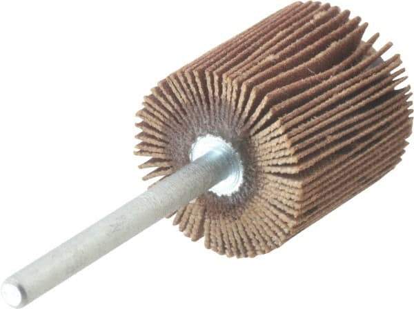 Merit Abrasives - 3/4" Diam x 3/4" Face Width, Very Fine Aluminum Oxide Coated Mounted Flap Wheel - 1/8" Shank Mount, 240 Grit, Cloth Backing, 35,000 Max RPM - Apex Tool & Supply