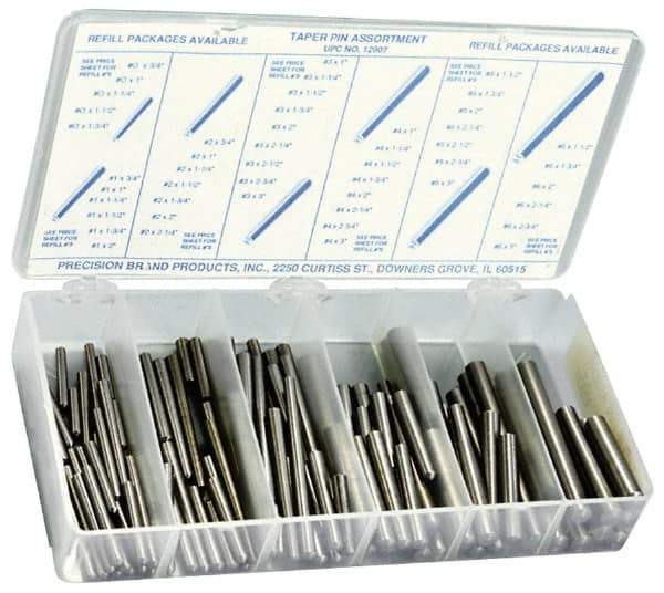 Precision Brand - 100 Piece, #0 to #6" Pin Diam, Taper Pin Assortment - 3/4 to 3" Long, 1215 & 12L14 Steel - Apex Tool & Supply
