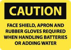 NMC - "Caution - Face Shield and Rubber Gloves Required When Handling Batteries or Adding Water", 7" Long x 10" Wide, Rigid Plastic Safety Sign - Rectangle, 0.05" Thick, Use for Accident Prevention - Apex Tool & Supply
