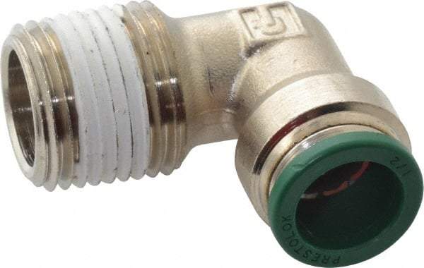 Parker - 1/2" Outside Diam, 1/2 NPTF, Nickel Plated Brass Push-to-Connect Tube Male Elbow - 300 Max psi, Tube to Male NPT Connection, Buna-N O-Ring - Apex Tool & Supply