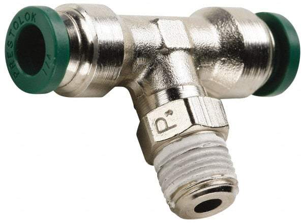 Parker - 1/4" Outside Diam, 1/8 NPTF, Nickel Plated Brass Push-to-Connect Tube Male Swivel Branch Tee - 300 Max psi, Tube to Male NPT Connection, Buna-N O-Ring - Apex Tool & Supply