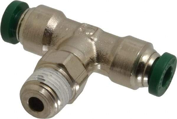 Parker - 3/16" Outside Diam, 1/8 NPTF, Nickel Plated Brass Push-to-Connect Tube Male Swivel Branch Tee - 300 Max psi, Tube to Male NPT Connection, Buna-N O-Ring - Apex Tool & Supply