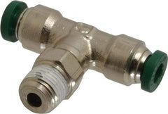 Parker - 3/16" Outside Diam, 1/8 NPTF, Nickel Plated Brass Push-to-Connect Tube Male Swivel Branch Tee - 300 Max psi, Tube to Male NPT Connection, Buna-N O-Ring - Apex Tool & Supply