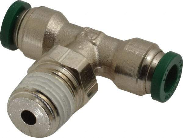 Parker - 1/4" Outside Diam, 1/4 NPTF, Nickel Plated Brass Push-to-Connect Tube Male Swivel Branch Tee - 300 Max psi, Tube to Male NPT Connection, Buna-N O-Ring - Apex Tool & Supply