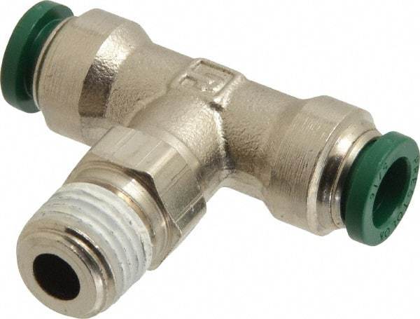 Parker - 5/16" Outside Diam, 1/4 NPTF, Nickel Plated Brass Push-to-Connect Tube Male Swivel Branch Tee - 300 Max psi, Tube to Male NPT Connection, Buna-N O-Ring - Apex Tool & Supply
