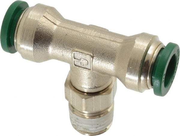 Parker - 3/8" Outside Diam, 1/4 NPTF, Nickel Plated Brass Push-to-Connect Tube Male Swivel Branch Tee - 300 Max psi, Tube to Male NPT Connection, Buna-N O-Ring - Apex Tool & Supply