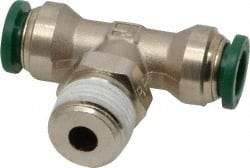 Parker - 3/8" Outside Diam, 3/8 NPTF, Nickel Plated Brass Push-to-Connect Tube Male Swivel Branch Tee - 300 Max psi, Tube to Male NPT Connection, Buna-N O-Ring - Apex Tool & Supply