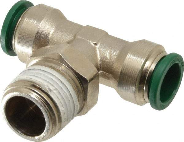 Parker - 1/2" Outside Diam, 1/2 NPTF, Nickel Plated Brass Push-to-Connect Tube Male Swivel Branch Tee - 300 Max psi, Tube to Male NPT Connection, Buna-N O-Ring - Apex Tool & Supply