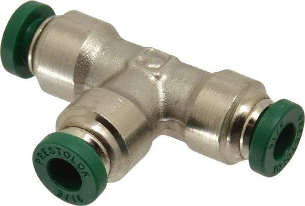 Parker - 3/16" Outside Diam, Nickel Plated Brass Push-to-Connect Tube Union Tee - 300 Max psi, Tube to Tube Connection, Buna-N O-Ring - Apex Tool & Supply