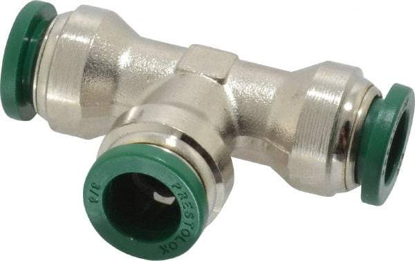 Parker - 3/8" Outside Diam, Nickel Plated Brass Push-to-Connect Tube Union Tee - 300 Max psi, Tube to Tube Connection, Buna-N O-Ring - Apex Tool & Supply