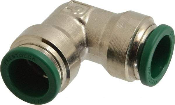 Parker - 1/2" Outside Diam, Nickel Plated Brass Push-to-Connect Tube Union Elbow - 300 Max psi, Tube to Tube Connection, Buna-N O-Ring - Apex Tool & Supply