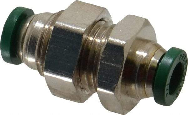 Parker - 1/4" Outside Diam, Nickel Plated Brass Push-to-Connect Tube Bulkhead Union - 300 Max psi, Tube to Tube Connection, Buna-N O-Ring - Apex Tool & Supply