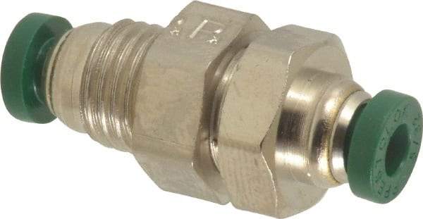 Parker - 5/32" Outside Diam, Nickel Plated Brass Push-to-Connect Tube Bulkhead Union - 300 Max psi, Tube to Tube Connection, Buna-N O-Ring - Apex Tool & Supply