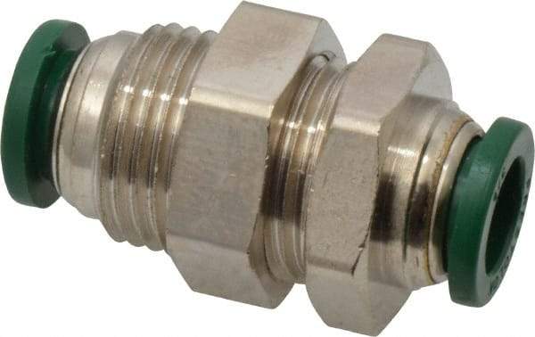 Parker - 3/8" Outside Diam, Nickel Plated Brass Push-to-Connect Tube Bulkhead Union - 300 Max psi, Tube to Tube Connection, Buna-N O-Ring - Apex Tool & Supply