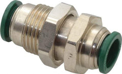 Parker - 1/2" Outside Diam, Nickel Plated Brass Push-to-Connect Tube Bulkhead Union - 300 Max psi, Tube to Tube Connection, Buna-N O-Ring - Apex Tool & Supply