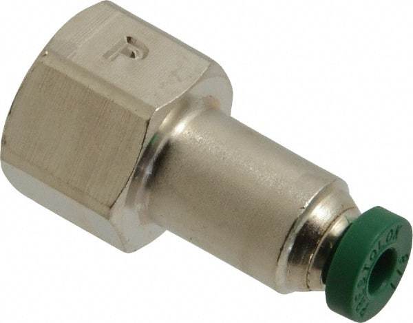 Parker - 1/8" Outside Diam, 1/8 NPTF, Nickel Plated Brass Push-to-Connect Tube Female Connector - 300 Max psi, Tube to Female NPT Connection, Buna-N O-Ring - Apex Tool & Supply