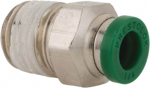 Parker - 1/4" Outside Diam, 1/4 NPTF, Nickel Plated Brass Push-to-Connect Tube Male Connector - 300 Max psi, Tube to Male NPT Connection, Buna-N O-Ring - Apex Tool & Supply