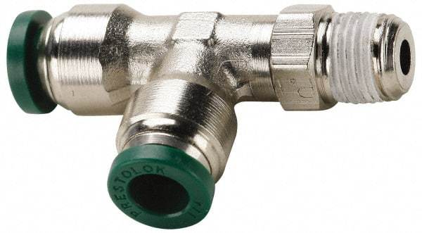 Parker - 1/2" Outside Diam, 1/2 NPTF, Nickel Plated Brass Push-to-Connect Tube Male Swivel Run Tee - 300 Max psi, Tube to Male NPT Connection, Buna-N O-Ring - Apex Tool & Supply