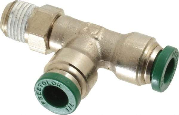 Parker - 1/4" Outside Diam, 1/8 NPTF, Nickel Plated Brass Push-to-Connect Tube Male Swivel Run Tee - 300 Max psi, Tube to Male NPT Connection, Buna-N O-Ring - Apex Tool & Supply
