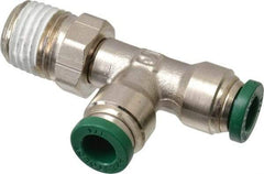 Parker - 1/4" Outside Diam, 1/4 NPTF, Nickel Plated Brass Push-to-Connect Tube Male Swivel Run Tee - 300 Max psi, Tube to Male NPT Connection, Buna-N O-Ring - Apex Tool & Supply