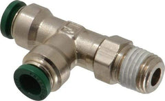 Parker - 5/16" Outside Diam, 1/4 NPTF, Nickel Plated Brass Push-to-Connect Tube Male Swivel Run Tee - 300 Max psi, Tube to Male NPT Connection, Buna-N O-Ring - Apex Tool & Supply