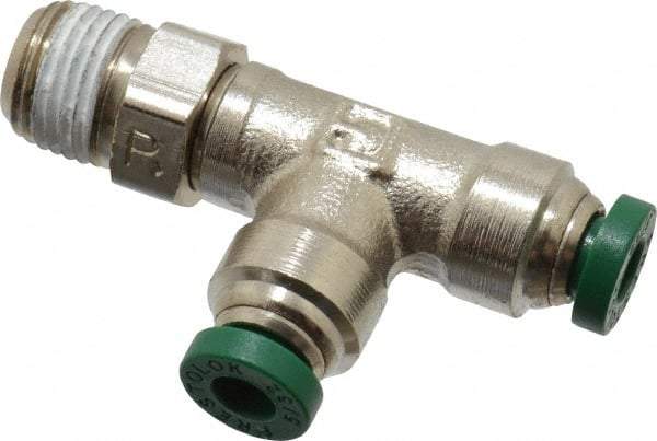 Parker - 5/32" Outside Diam, 1/8 NPTF, Nickel Plated Brass Push-to-Connect Tube Male Swivel Run Tee - 300 Max psi, Tube to Male NPT Connection, Buna-N O-Ring - Apex Tool & Supply