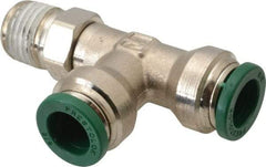 Parker - 3/8" Outside Diam, 1/4 NPTF, Nickel Plated Brass Push-to-Connect Tube Male Swivel Run Tee - 300 Max psi, Tube to Male NPT Connection, Buna-N O-Ring - Apex Tool & Supply