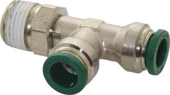 Parker - 3/8" Outside Diam, 3/8 NPTF, Nickel Plated Brass Push-to-Connect Tube Male Swivel Run Tee - 300 Max psi, Tube to Male NPT Connection, Buna-N O-Ring - Apex Tool & Supply