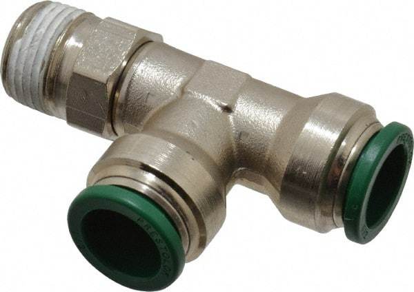 Parker - 1/2" Outside Diam, 3/8 NPTF, Nickel Plated Brass Push-to-Connect Tube Male Swivel Run Tee - 300 Max psi, Tube to Male NPT Connection, Buna-N O-Ring - Apex Tool & Supply