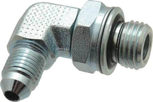 Voss - 7/16-20 x M14x1.5 Male Thread, Zinc Plated Carbon Steel Industrial Pipe 90° Elbow Adapter - MJIC x Male Metric - Apex Tool & Supply