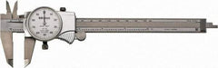 Mitutoyo - 0" to 6" Range, 0.001" Graduation, 0.1" per Revolution, Dial Caliper - White Face, 1-9/16" Jaw Length, Accurate to 0.0010" - Apex Tool & Supply