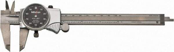 Mitutoyo - 0mm to 6" Range, 0.001" Graduation, 0.1" per Revolution, Dial Caliper - Black Face, 1-9/16" Jaw Length, Accurate to 0.0010" - Apex Tool & Supply