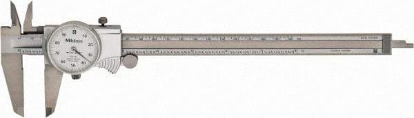 Mitutoyo - 8" Max, 0.001" Graduation, 0.1" per Revolution, Dial Caliper - White Face, 1.9688" Jaw Length, Accurate to 0.0020" - Apex Tool & Supply
