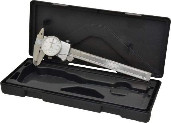 Mitutoyo - 0mm to 6" Range, 0.001" Graduation, 0.1" per Revolution, Dial Caliper - White Face, 1-9/16" Jaw Length, Accurate to 0.0010" - Apex Tool & Supply