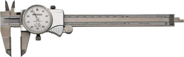 Mitutoyo - 0mm to 6" Range, 0.001" Graduation, 0.1" per Revolution, Dial Caliper - White Face, 1-9/16" Jaw Length, Accurate to 0.0010" - Apex Tool & Supply