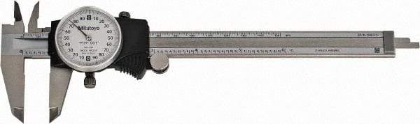 Mitutoyo - 0mm to 6" Range, 0.001" Graduation, 0.2" per Revolution, Dial Caliper - White Face, 1-9/16" Jaw Length, Accurate to 0.0010" - Apex Tool & Supply