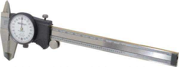 Mitutoyo - 0mm to 6" Range, 0.001" Graduation, 0.2" per Revolution, Dial Caliper - White Face, 1-9/16" Jaw Length, Accurate to 0.0010" - Apex Tool & Supply