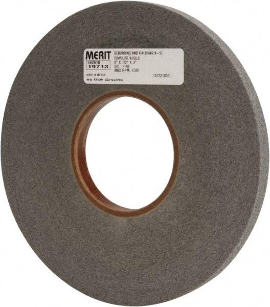 Merit Abrasives - 8" Diam, 1/2" Face Width, 3" Center Hole, Fine Grade, Silicon Carbide Deburring Wheel - Convolute, Hard Density 9 Grade, 4,500 RPM - Apex Tool & Supply