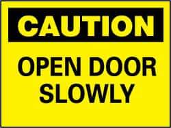NMC - Caution - Open Door Slowly, Plastic Fire and Exit Sign - 10" Wide x 7" High - Apex Tool & Supply