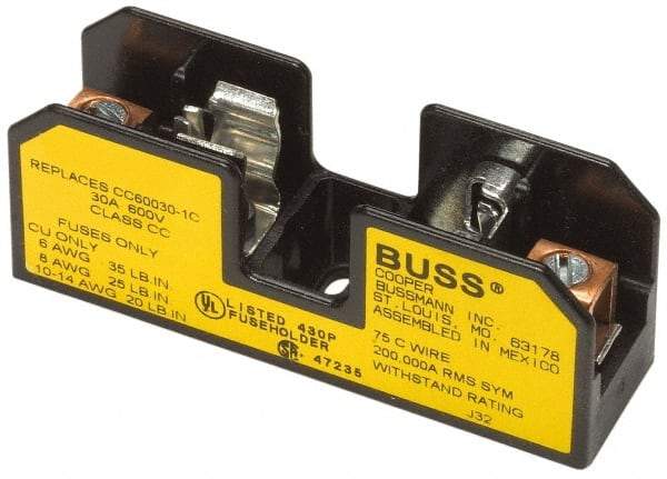 Cooper Bussmann - 2 Pole, 10 to 14 AWG, 480 VAC/VDC, 30 Amp, DIN Rail Mount Fuse Block - 3 Inch Long x 1.63 Inch Wide x 1.22 Inch High Block - Apex Tool & Supply