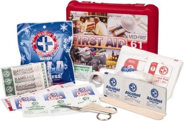 Medique - 61 Piece, Multipurpose/Auto/Travel First Aid Kit - 8" Wide x 2-1/2" Deep x 6" High, Plastic Case - Apex Tool & Supply