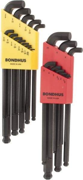 Bondhus - 22 Piece L-Key Ball End Hex Key Set - Hex Range 0.05 to 3/8", Protanium Up to reg/ Over Steel - Apex Tool & Supply