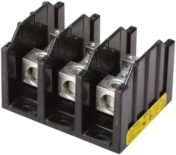 Cooper Bussmann - 3 Poles, 380 Amp, 500 kcmil-6 AWG (Cu/Al) Primary, 3/8-16 x 1-1/4 Stud Secondary, Thermoplastic Power Distribution Block - 600 VAC/VDC, 1 Primary Connection, 5.2 Inch Long x 3.32 Inch Deep x 4 Inch High - Apex Tool & Supply