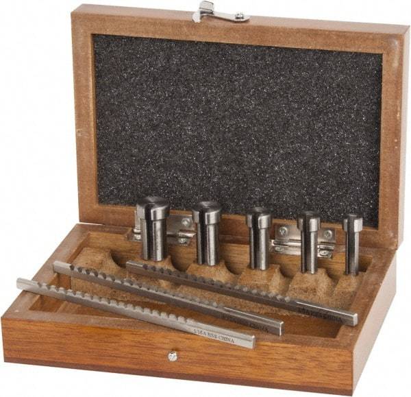 Value Collection - 8 Piece, 1/16 to 1/8" Keyway Width, Style A Keyway Broach Set - Bright Finish High Speed Steel Broach, Collared Bushing, 1/4 to 1/2" Bushing Diam - Apex Tool & Supply