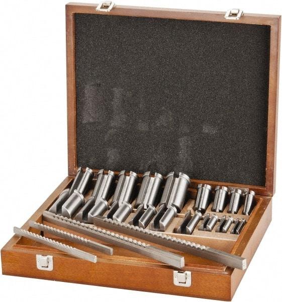 Value Collection - 27 Piece, 1/8 to 3/8" Keyway Width, Style B & C Keyway Broach Set - Bright Finish High Speed Steel Broach, Collared Bushing, 1/2 to 1-9/16" Bushing Diam - Apex Tool & Supply
