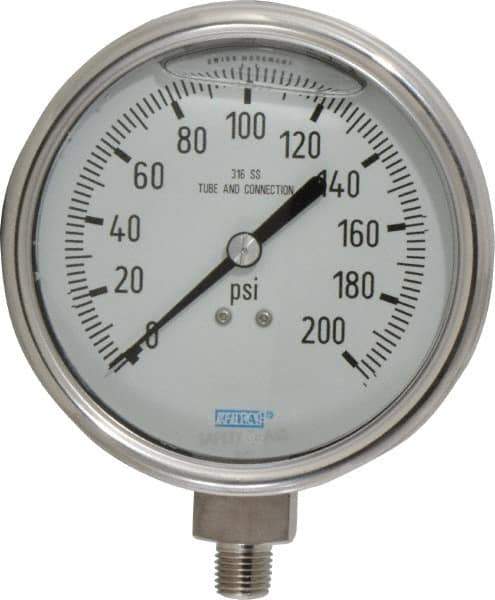 Wika - 4" Dial, 1/4 Thread, 0-200 Scale Range, Pressure Gauge - Lower Connection Mount, Accurate to 1% of Scale - Apex Tool & Supply