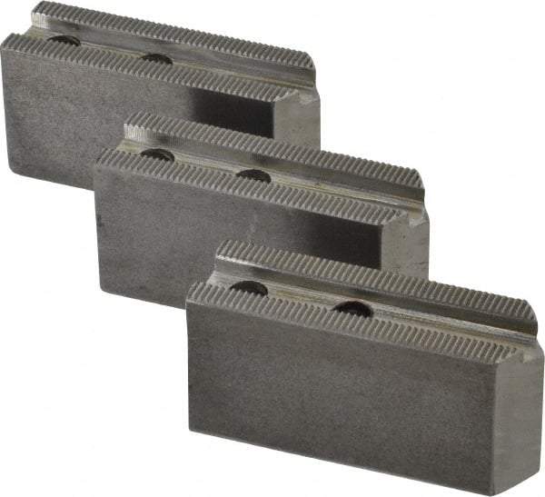 H & R Manufacturing - 1.5mm x 60° Serrated Attachment, Square Soft Lathe Chuck Jaw - 3 Jaws, Steel, 0.969" Btw Mount Hole Ctrs, 3-1/8" Long x 1" Wide x 1-1/2" High, 0.433" Groove, 8mm Fastener - Apex Tool & Supply
