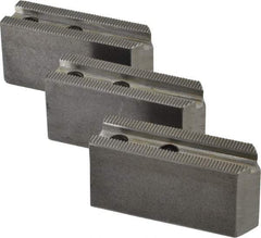 H & R Manufacturing - 1.5mm x 60° Serrated Attachment, Square Soft Lathe Chuck Jaw - 3 Jaws, Steel, 0.969" Btw Mount Hole Ctrs, 3-1/8" Long x 1" Wide x 1-1/2" High, 0.433" Groove, 8mm Fastener - Apex Tool & Supply